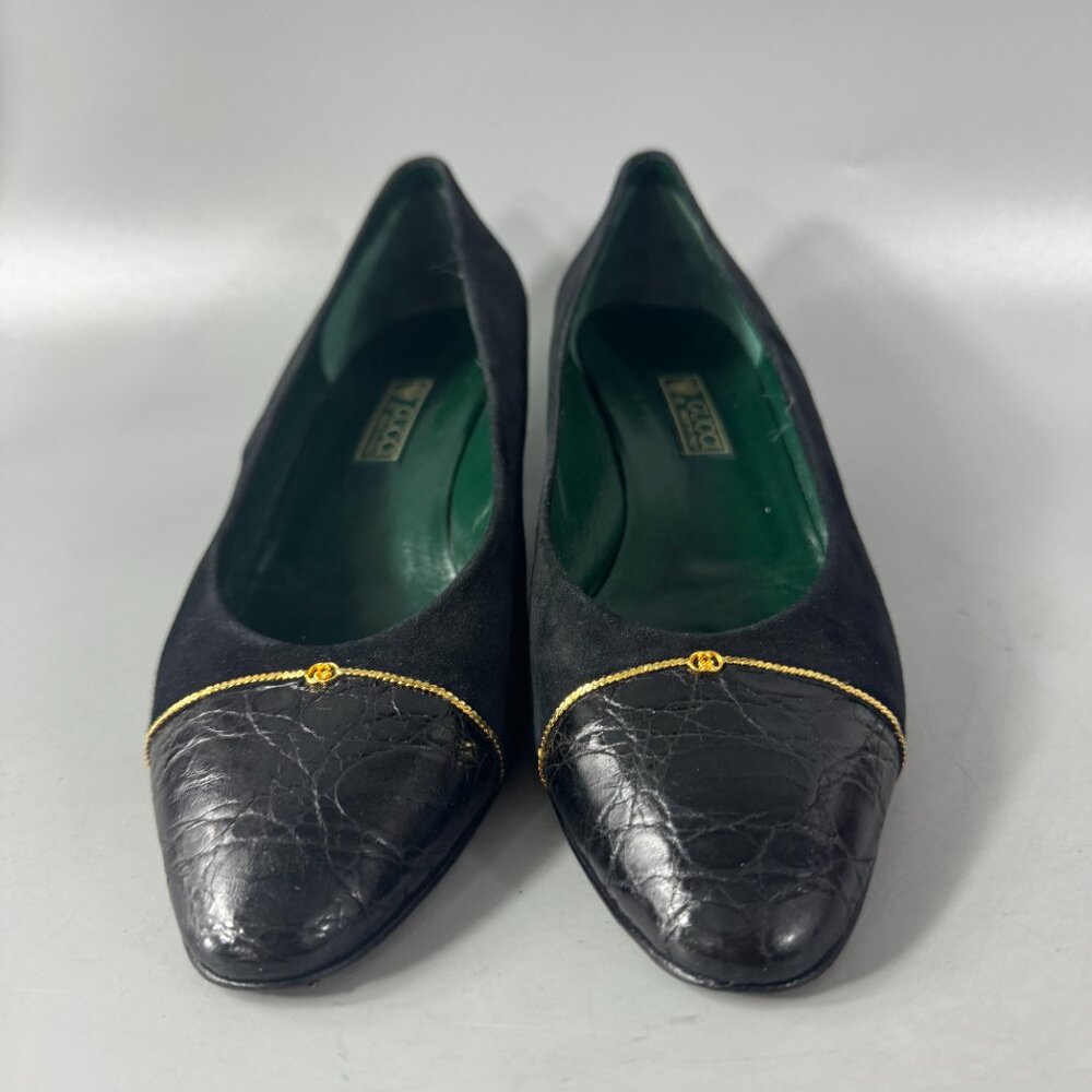 Authentic Gucci 70's-80's Black Suede/Leather w/ Micro GG Logo Pumps, Size 38.5 - Picture 3 of 14